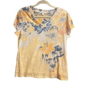 COLDWATER CREEK WOMENS T-SHIRT  FLORAL WATERCOLOR BURN OUT‎ LINED LARGE (14)